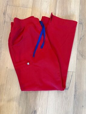 Figs Winning Red Kade Cargo Scrub Pants with Royal Blue Drawstring